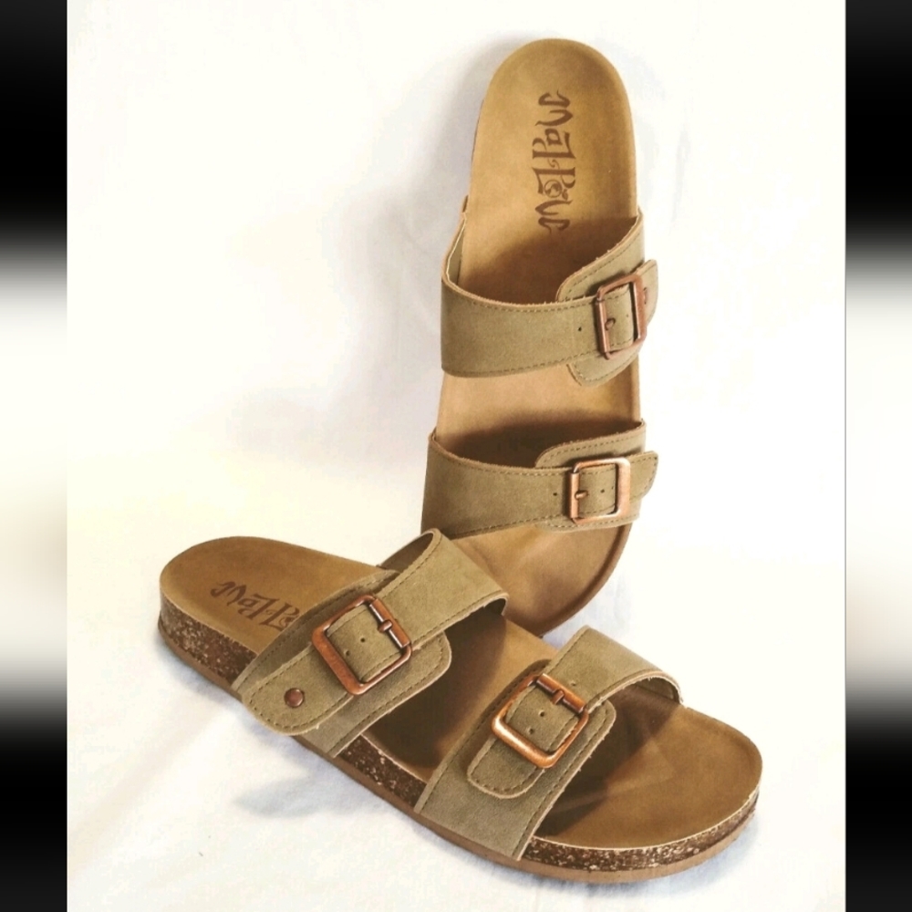 Mad Love Olive Green Double Buckle Cork Slide Sandals